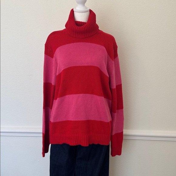 Isaac Mizrahi x Target Vibrant Bold Pink Red Stripped Knit Turtleneck Sweater - Picture 6 of 8